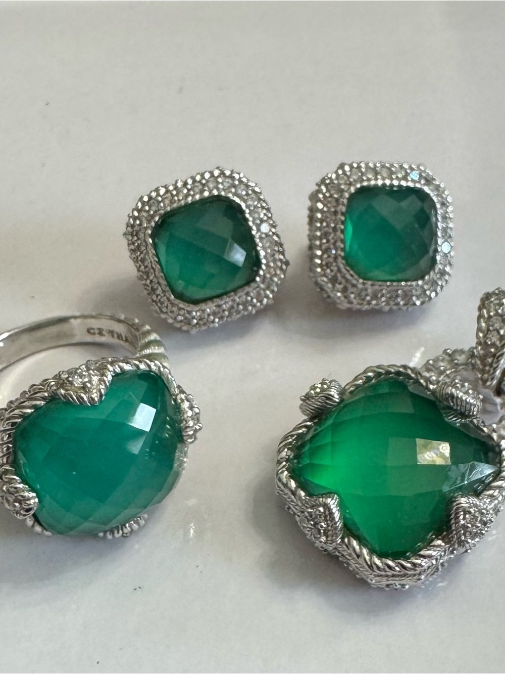 Judith Ripka Faceted Green Goddess Chalcedony Trio Suite. Pendant, Ring,Earrings
